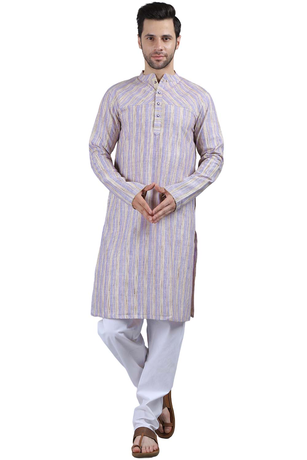 Men's Lilac Poly Cotton Mandarin Collar Long Kurta