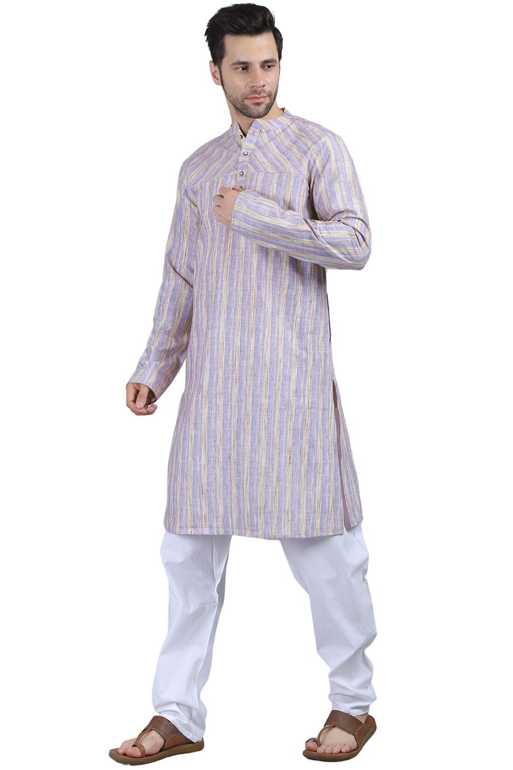 Men's Lilac Poly Cotton Mandarin Collar Long Kurta