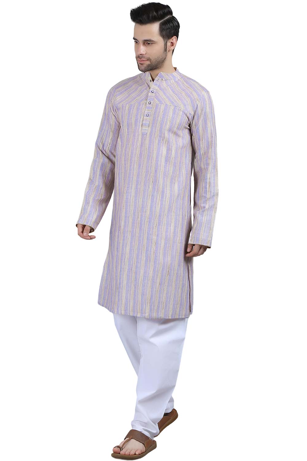 Men's Lilac Poly Cotton Mandarin Collar Long Kurta