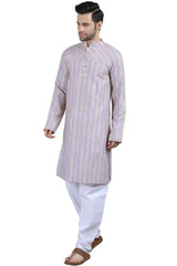 Men's Lilac Poly Cotton Mandarin Collar Long Kurta