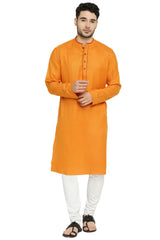 Men's Orange Poly Cotton Mandarin Collar Long Kurta