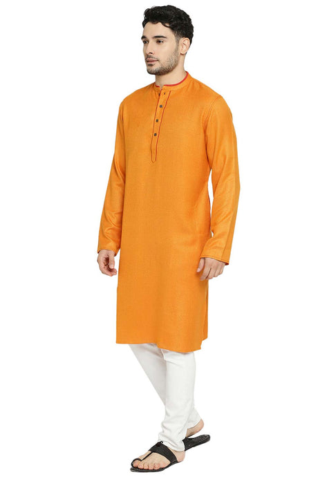 Men's Orange Poly Cotton Mandarin Collar Long Kurta