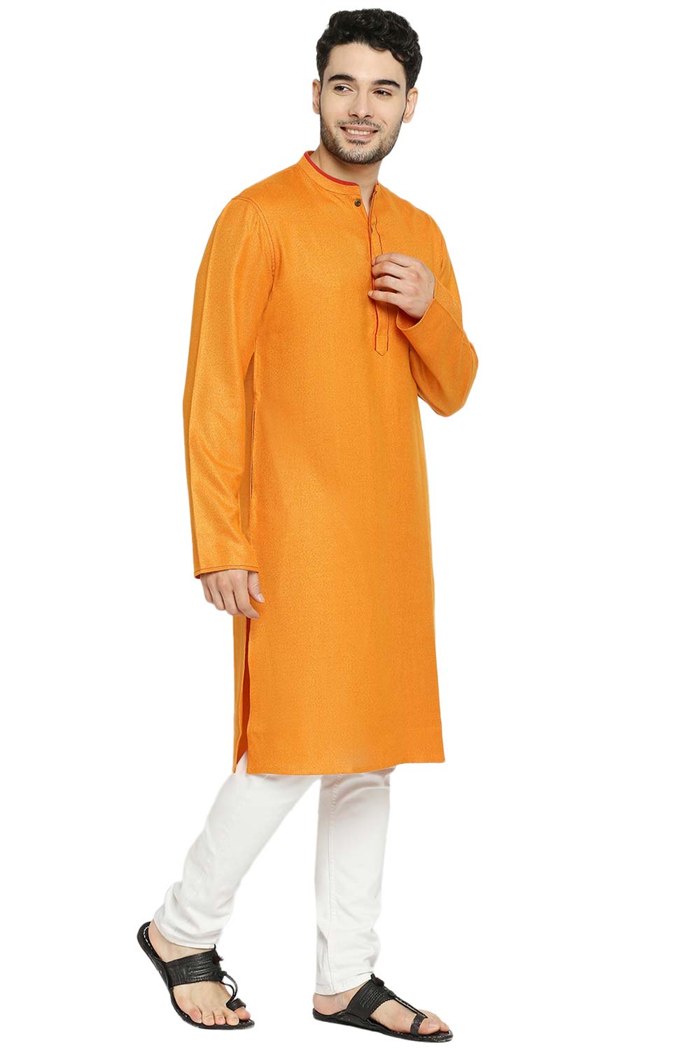 Men's Orange Poly Cotton Mandarin Collar Long Kurta