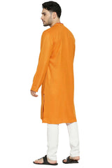 Men's Orange Poly Cotton Mandarin Collar Long Kurta