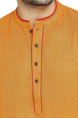 Men's Orange Poly Cotton Mandarin Collar Long Kurta