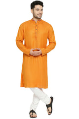 Men's Orange Poly Cotton Mandarin Collar Long Kurta