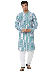 Men's Blue Poly Cotton Mandarin Collar Long Kurta