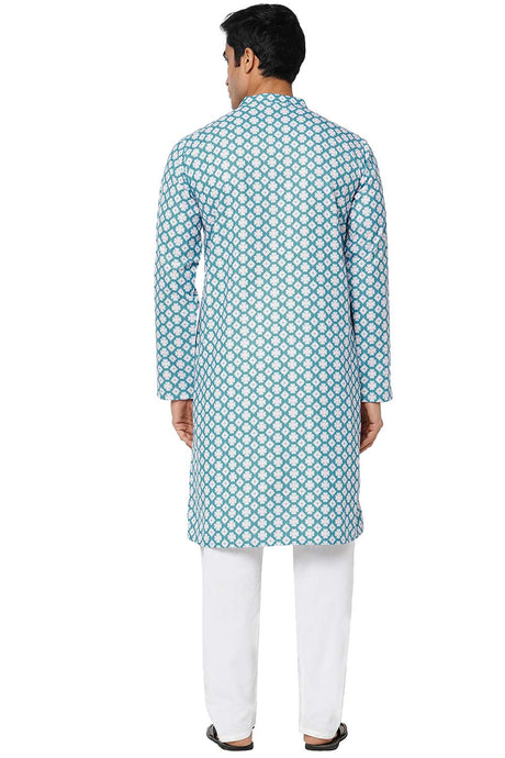 Men's Blue Poly Cotton Mandarin Collar Long Kurta