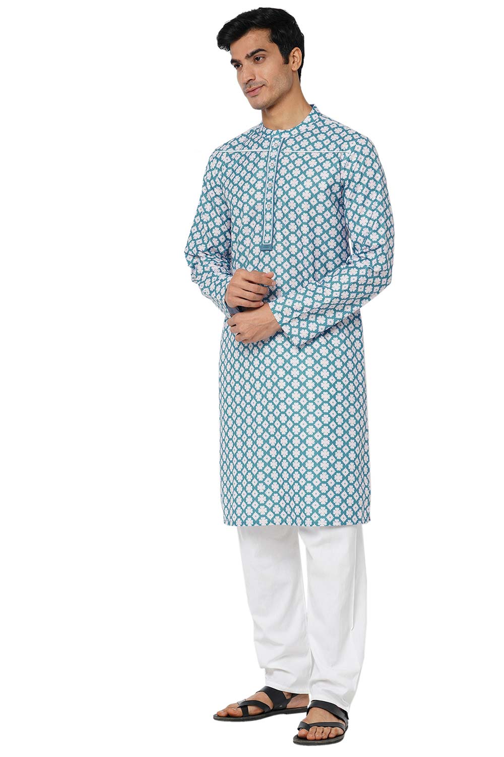 Men's Blue Poly Cotton Mandarin Collar Long Kurta