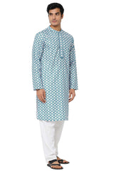 Men's Blue Poly Cotton Mandarin Collar Long Kurta