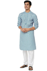 Men's Blue Poly Cotton Mandarin Collar Long Kurta