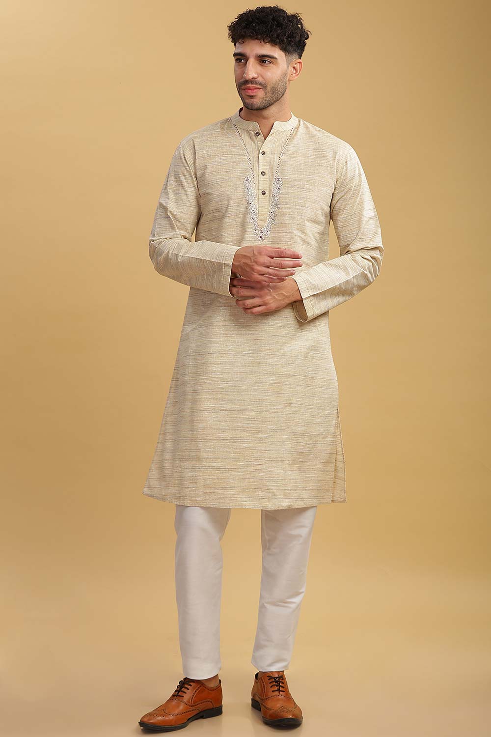 Men's Beige Poly Cotton Mandarin Collar Long Kurta