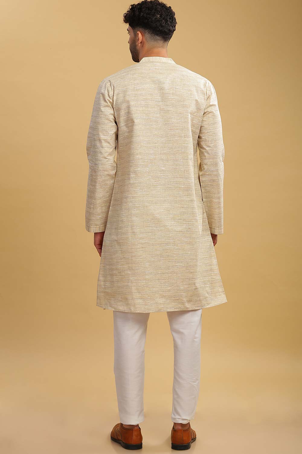 Men's Beige Poly Cotton Mandarin Collar Long Kurta