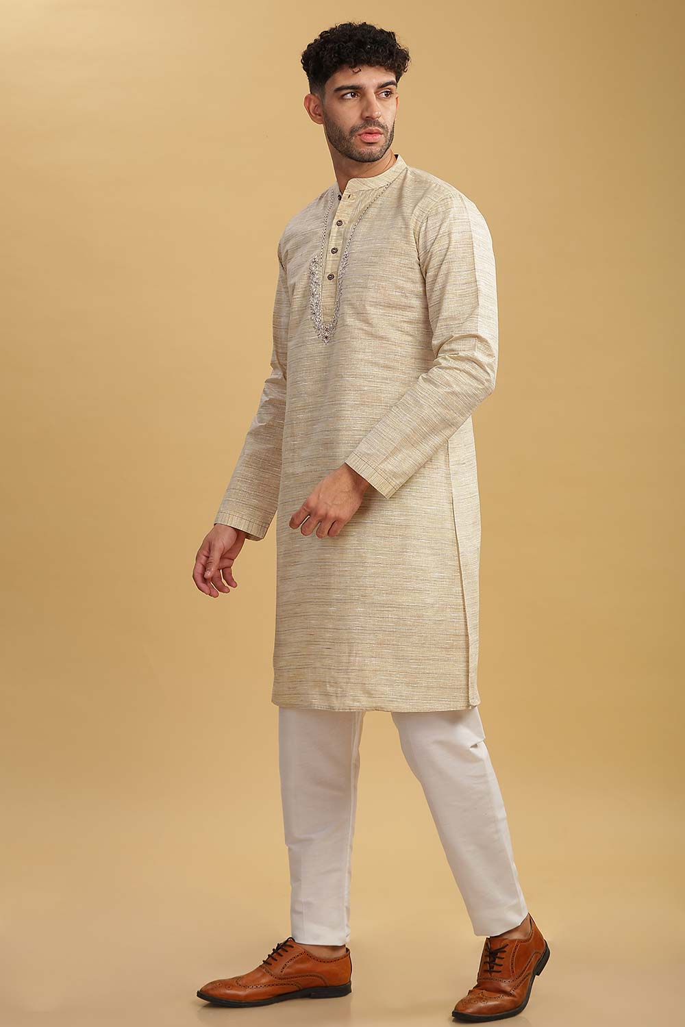 Men's Beige Poly Cotton Mandarin Collar Long Kurta