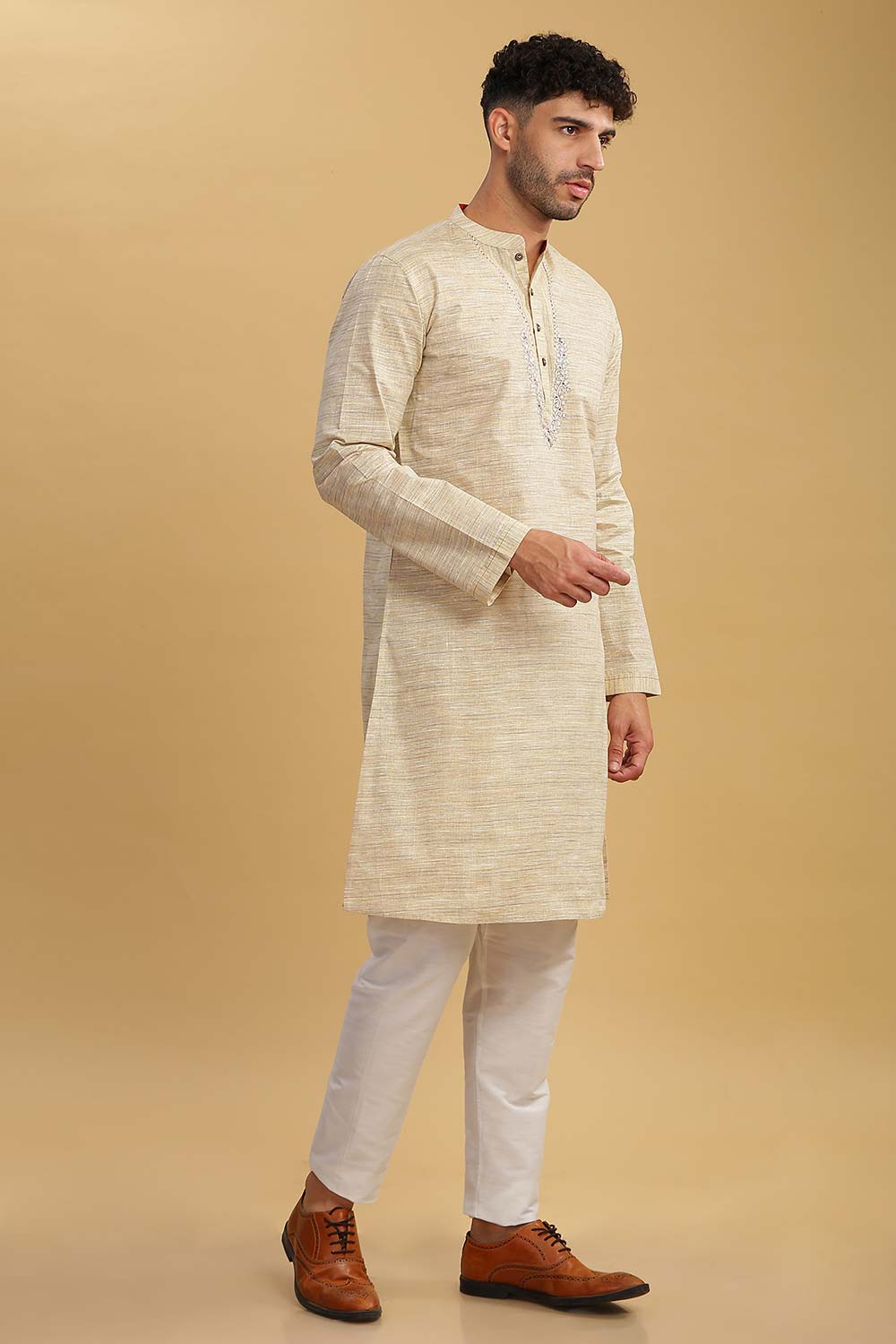 Men's Beige Poly Cotton Mandarin Collar Long Kurta