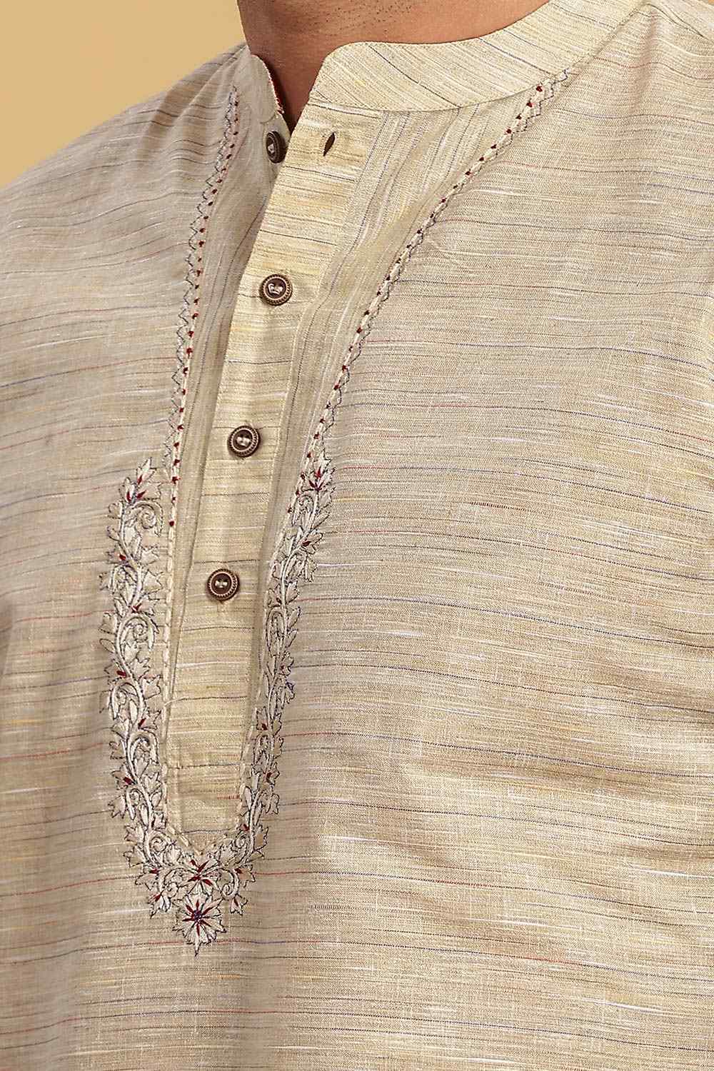 Men's Beige Poly Cotton Mandarin Collar Long Kurta