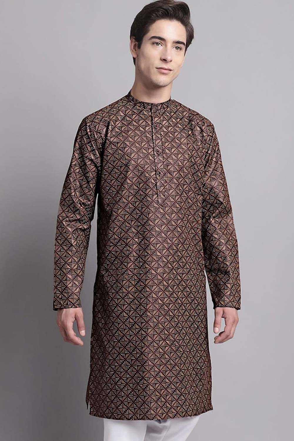 Men's Brown Poly Cotton Mandarin Collar Long Kurta