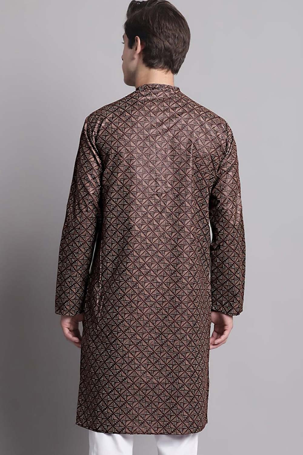 Men's Brown Poly Cotton Mandarin Collar Long Kurta