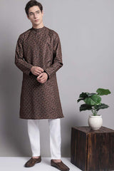 Men's Brown Poly Cotton Mandarin Collar Long Kurta