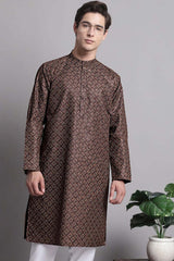 Men's Brown Poly Cotton Mandarin Collar Long Kurta