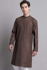 Men's Brown Poly Cotton Mandarin Collar Long Kurta