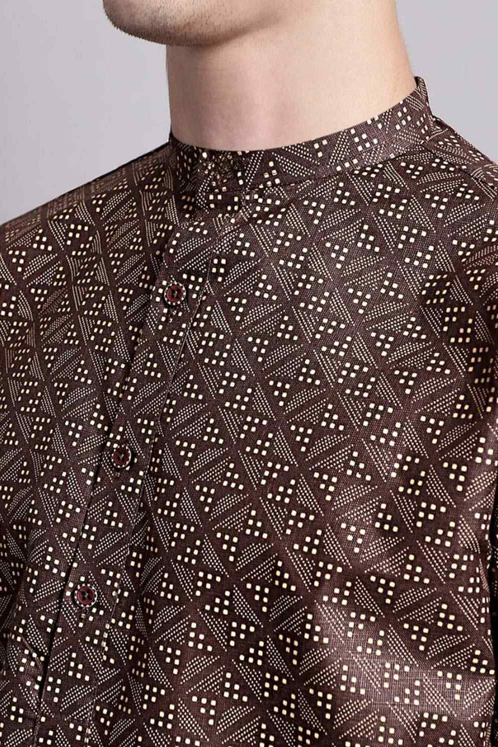 Men's Brown Poly Cotton Mandarin Collar Long Kurta