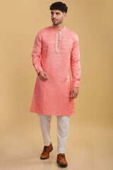 Men's Pink Poly Cotton Mandarin Collar Long Kurta