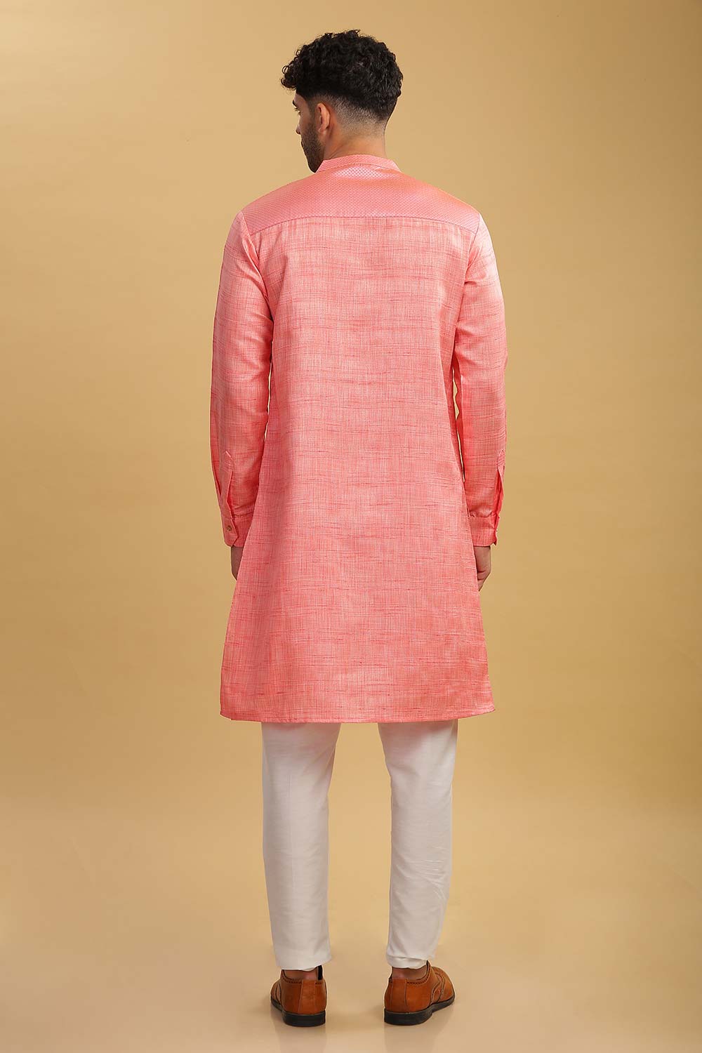 Men's Pink Poly Cotton Mandarin Collar Long Kurta