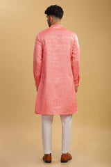 Men's Pink Poly Cotton Mandarin Collar Long Kurta