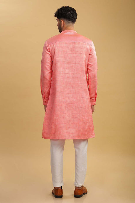 Men's Pink Poly Cotton Mandarin Collar Long Kurta