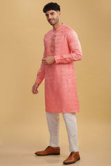 Men's Pink Poly Cotton Mandarin Collar Long Kurta