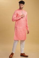 Men's Pink Poly Cotton Mandarin Collar Long Kurta