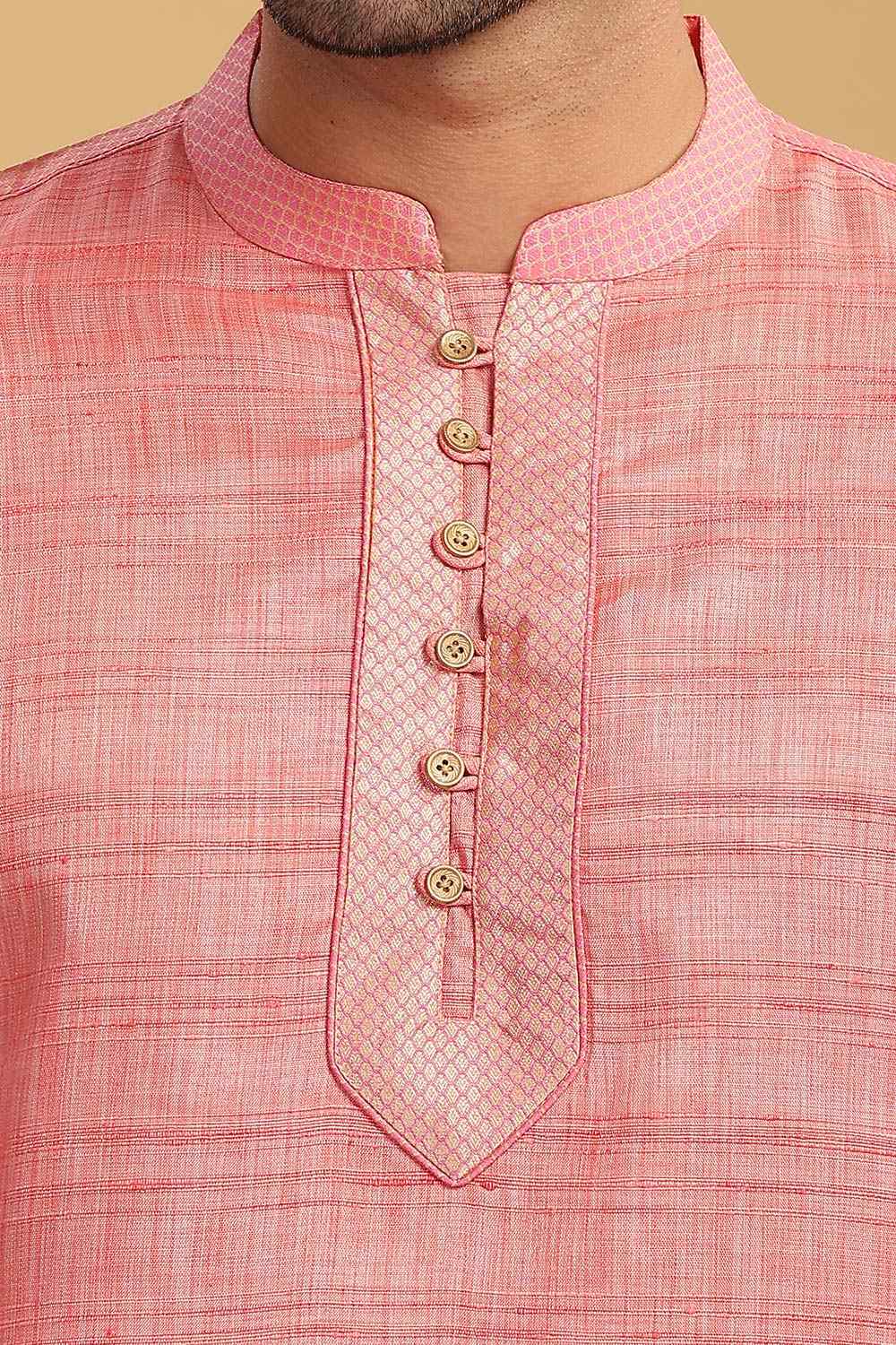 Men's Pink Poly Cotton Mandarin Collar Long Kurta