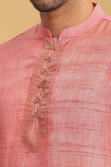 Men's Pink Poly Cotton Mandarin Collar Long Kurta