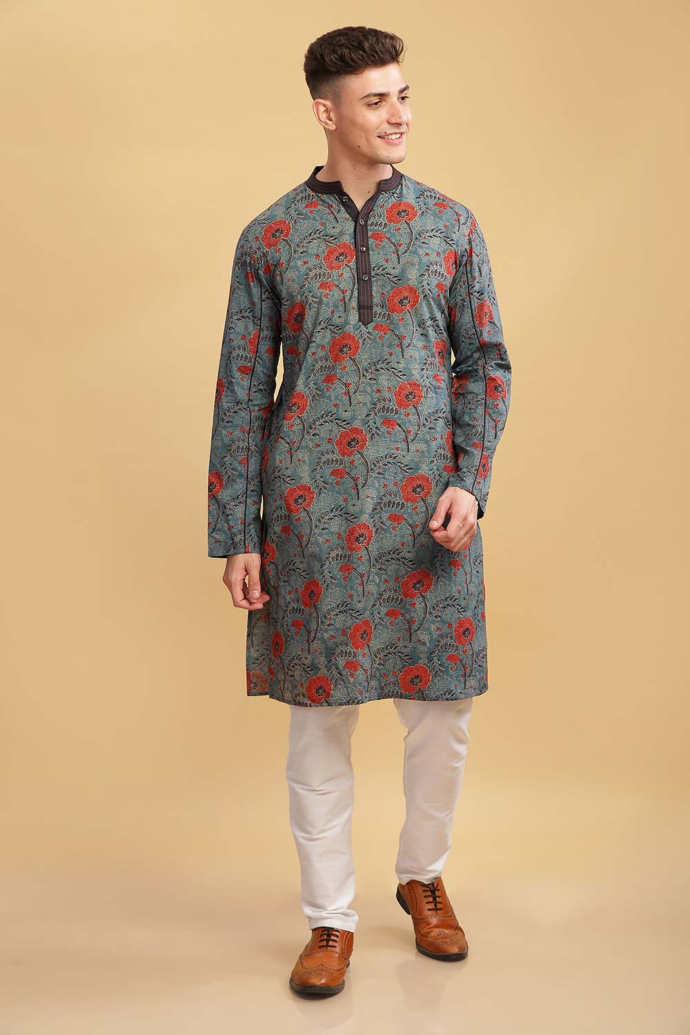 Men's Grey Cotton Mandarin Collar Long Kurta