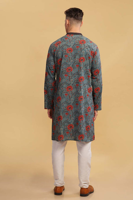 Men's Grey Cotton Mandarin Collar Long Kurta