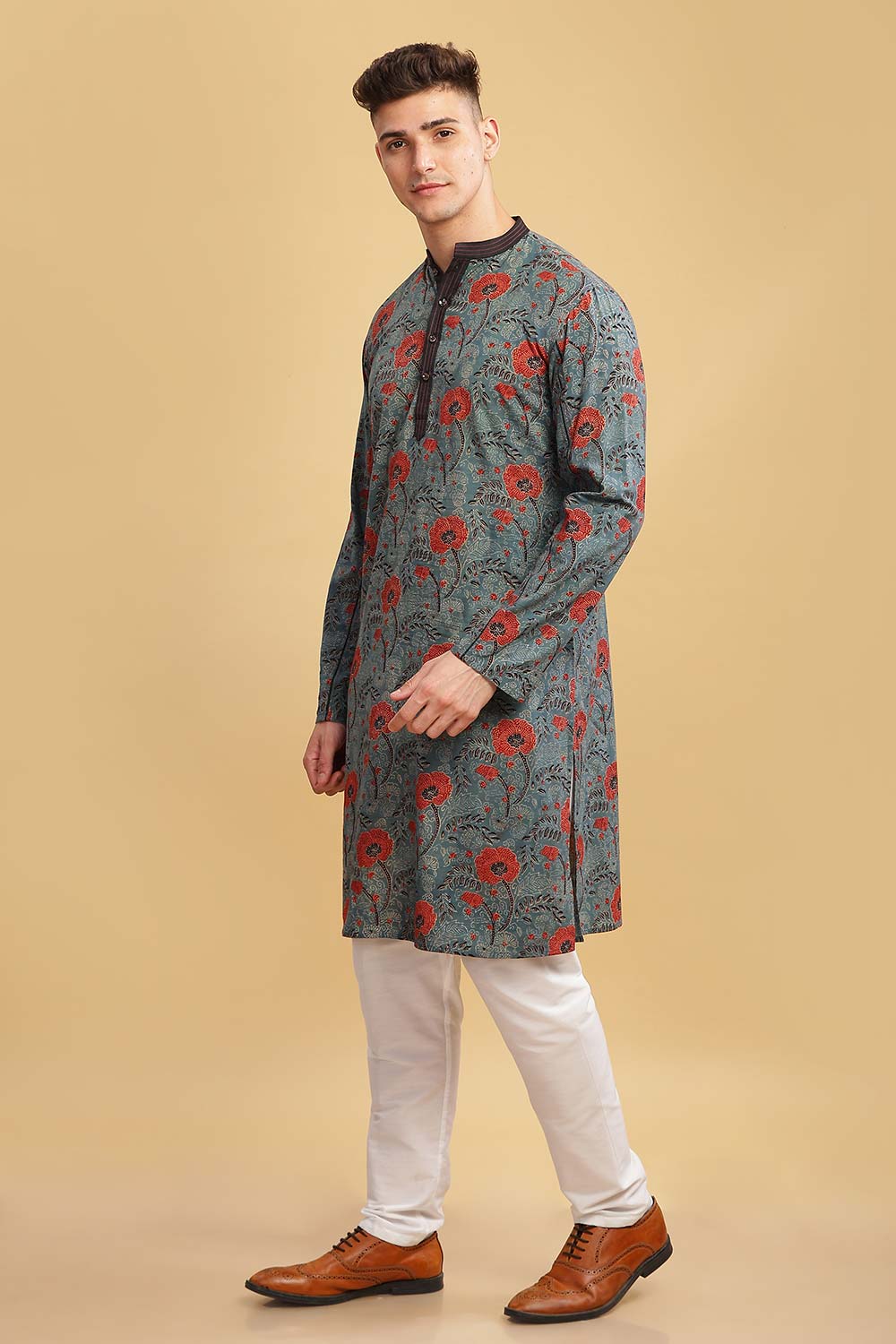 Men's Grey Cotton Mandarin Collar Long Kurta