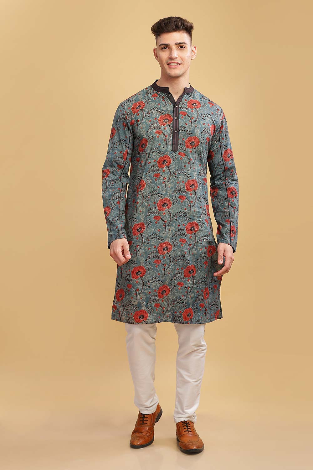 Men's Grey Cotton Mandarin Collar Long Kurta