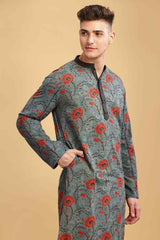 Men's Grey Cotton Mandarin Collar Long Kurta