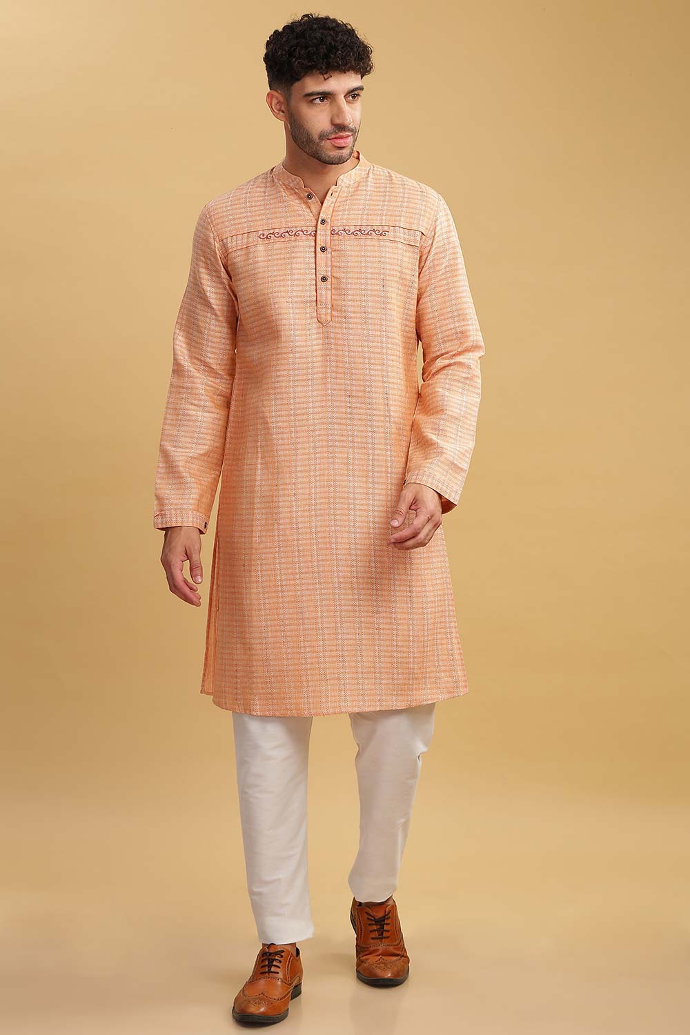 Men's Peach Poly Cotton Mandarin Collar Long Kurta