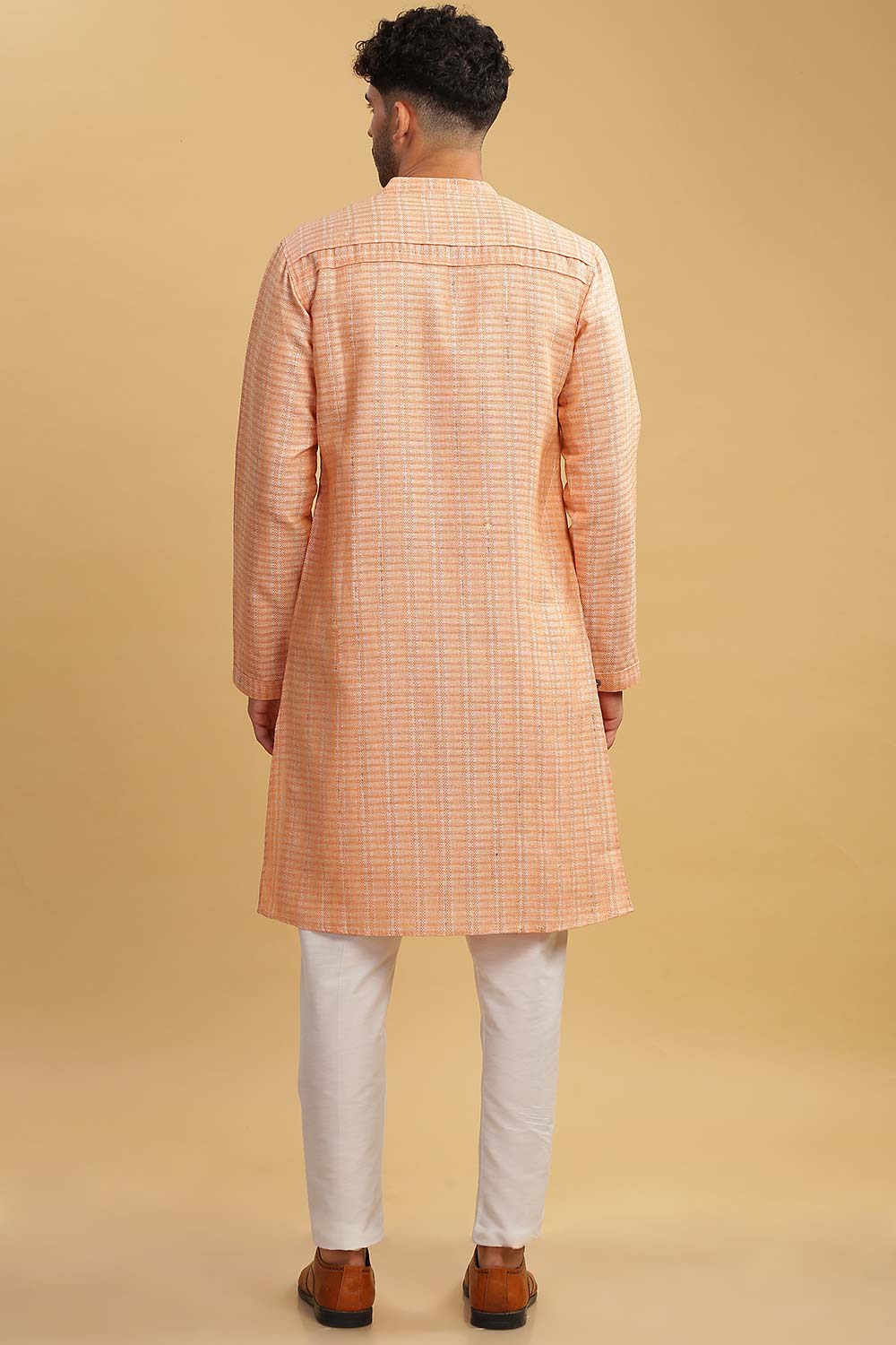 Men's Peach Poly Cotton Mandarin Collar Long Kurta