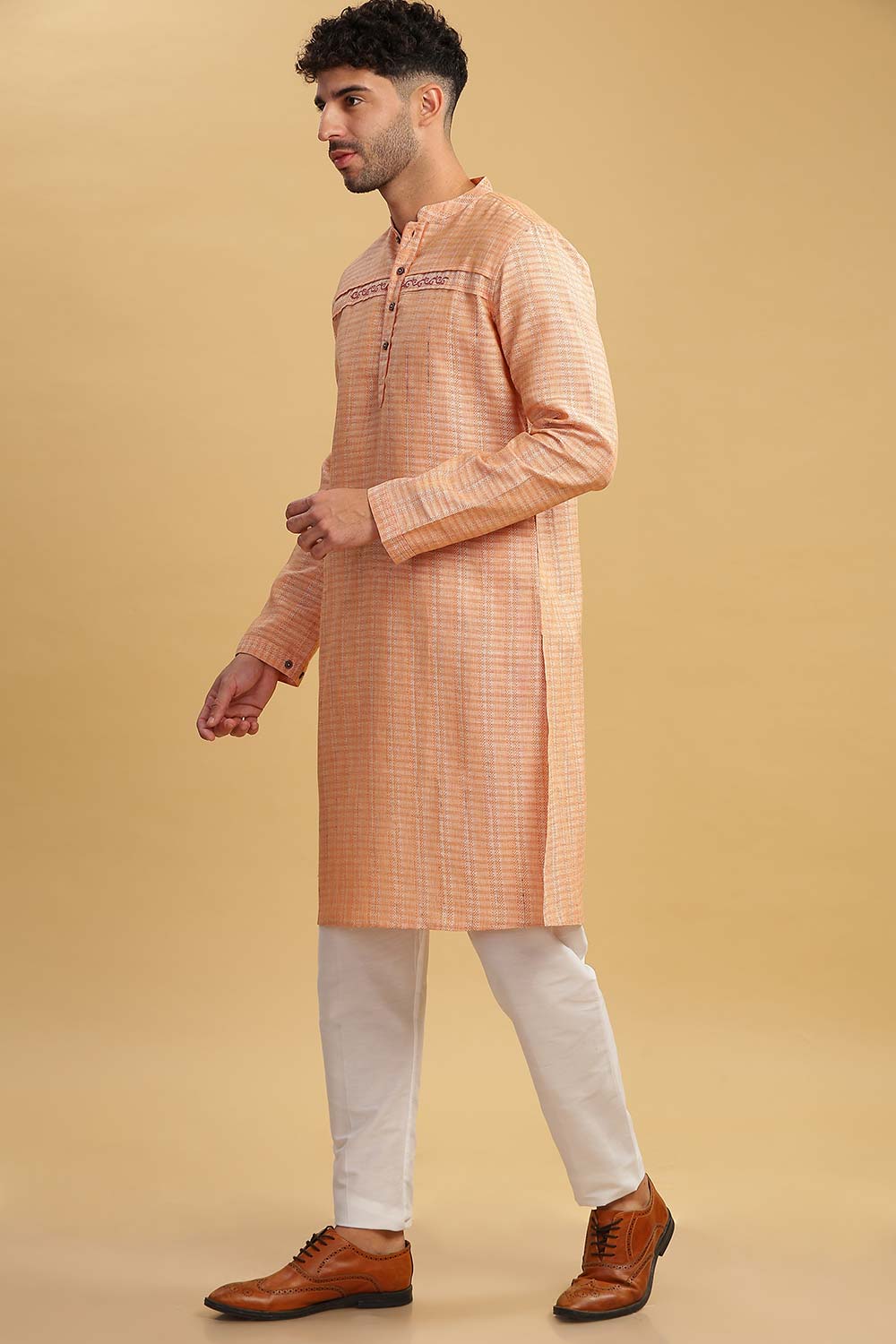 Men's Peach Poly Cotton Mandarin Collar Long Kurta