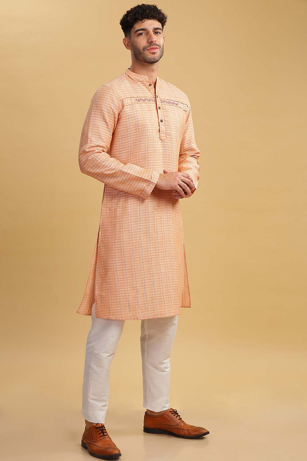 Men's Peach Poly Cotton Mandarin Collar Long Kurta