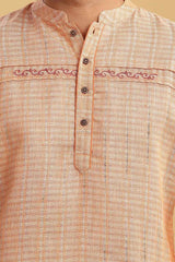 Men's Peach Poly Cotton Mandarin Collar Long Kurta