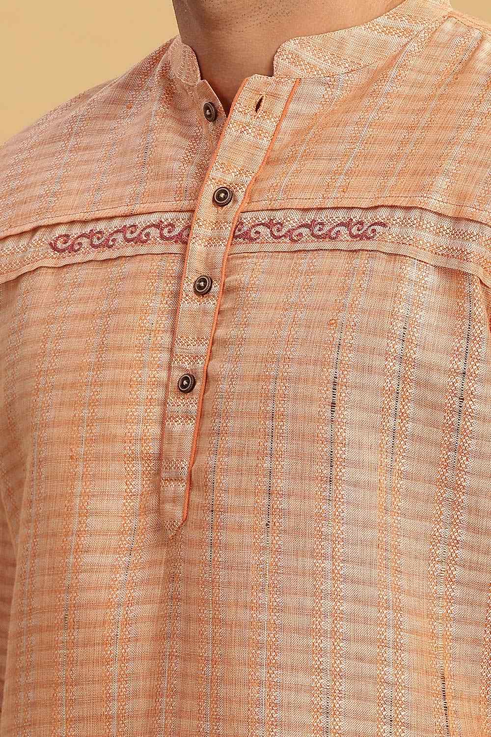 Men's Peach Poly Cotton Mandarin Collar Long Kurta