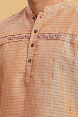 Men's Peach Poly Cotton Mandarin Collar Long Kurta