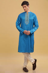 Men's Blue Poly Cotton Mandarin Collar Long Kurta