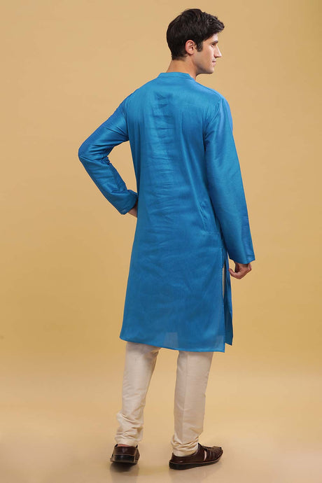 Men's Blue Poly Cotton Mandarin Collar Long Kurta