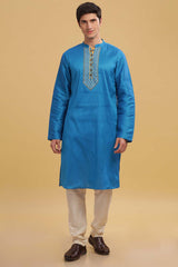 Men's Blue Poly Cotton Mandarin Collar Long Kurta