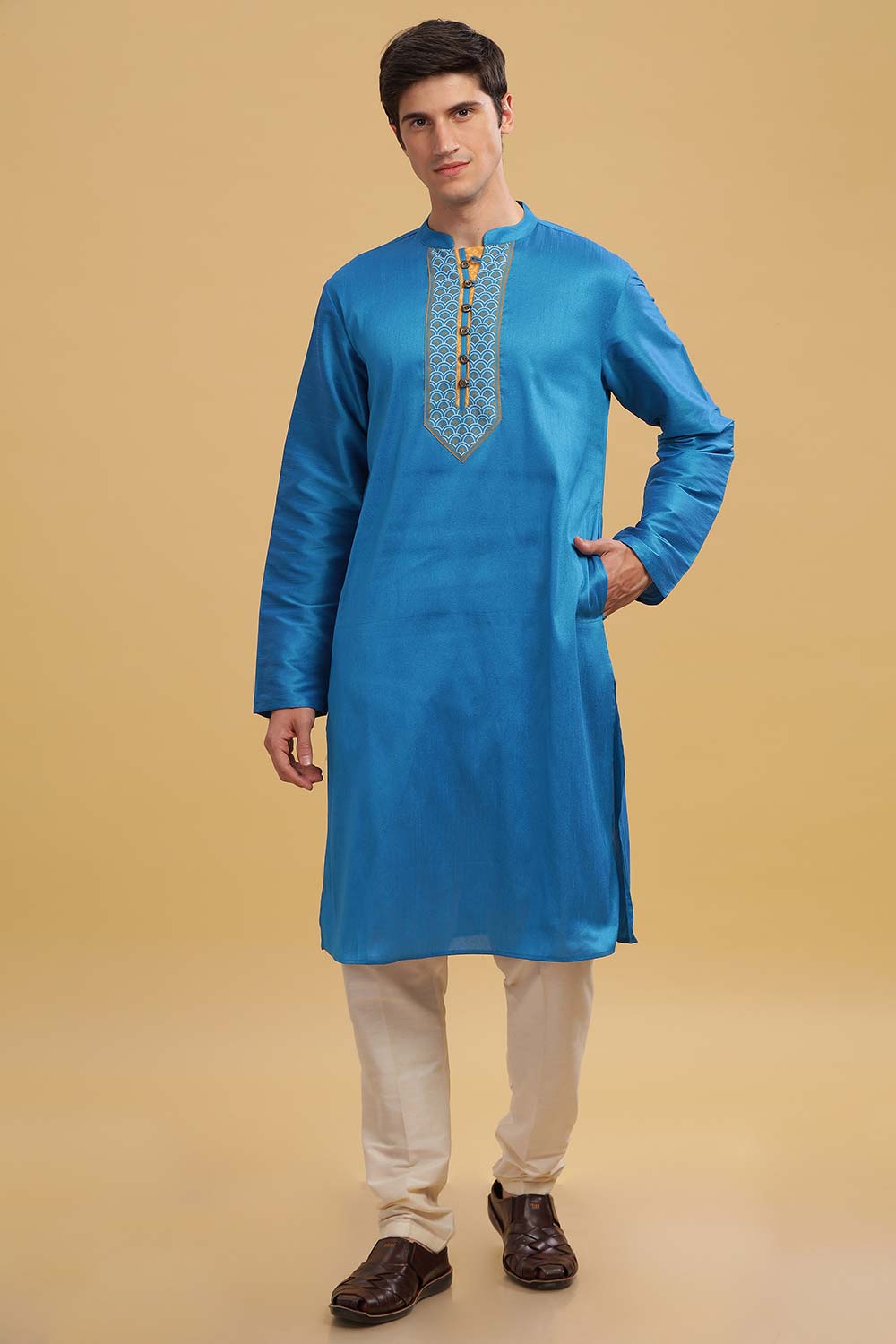 Men's Blue Poly Cotton Mandarin Collar Long Kurta